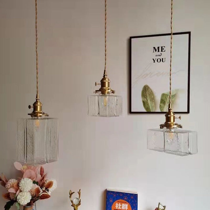 Traditional Vintage Square Rectangle Ripple Glass Iron 1-Light Pendant Light For Living Room K1282