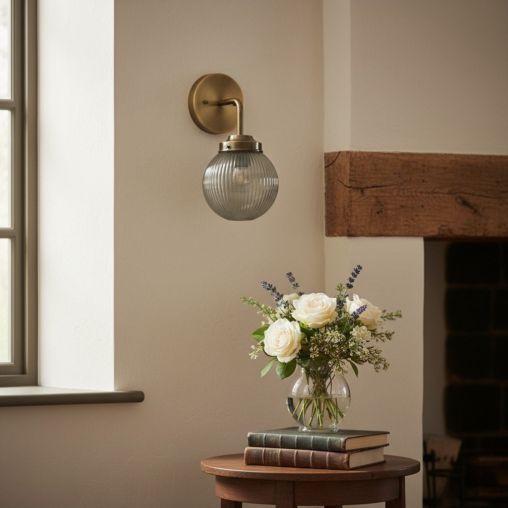 Glorica Glass Aged Brass Wall Sconce - Ribbed Glass Shade Industrial Style Lighting K1539