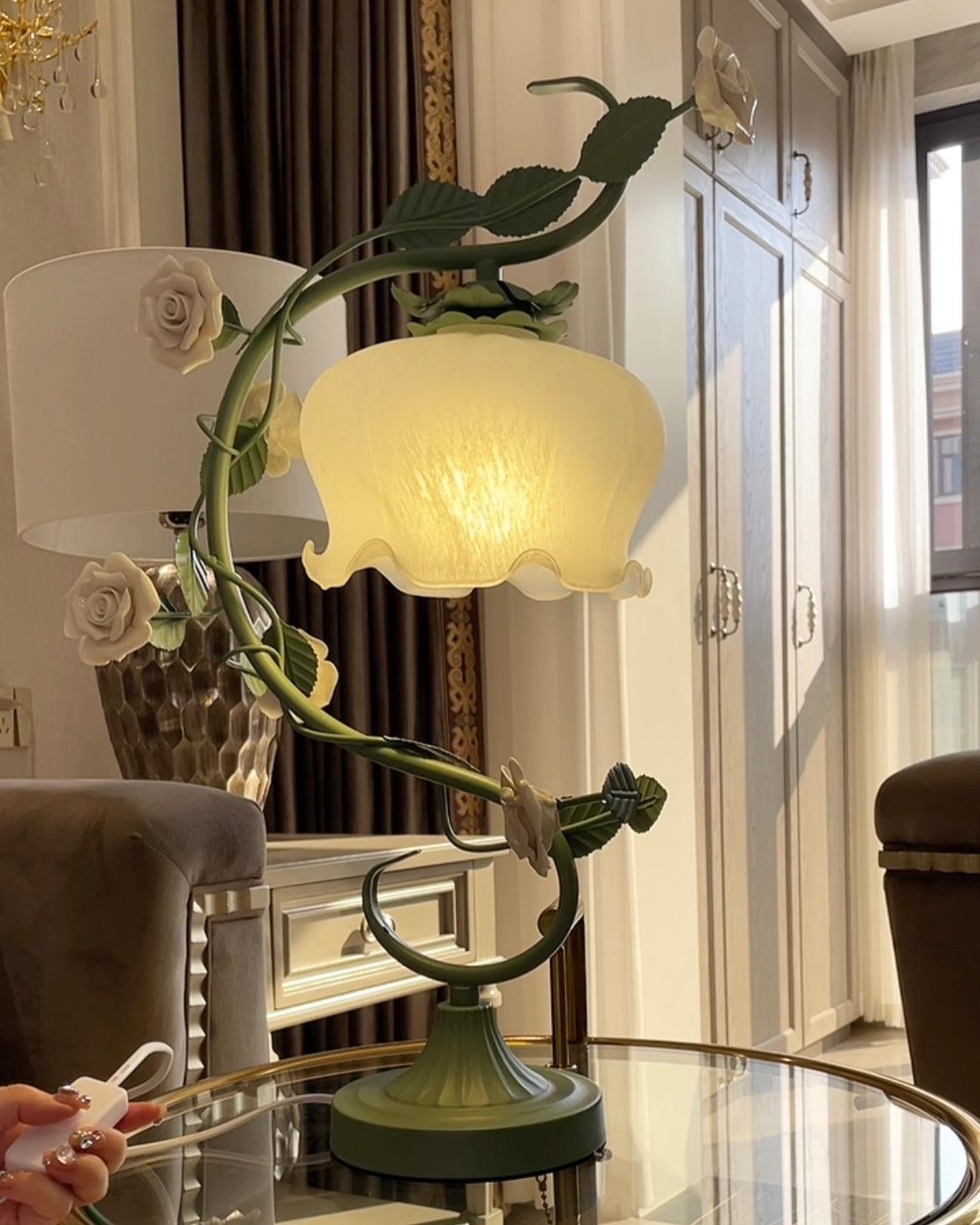 Green Pink White Rose Flower Table Lamp K640