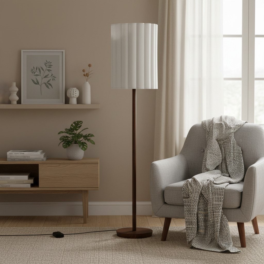 Linbron Wood Floor Lamp with Fluted Linen Shade - Scandinavian Modern Floor Light for Living Area K1683