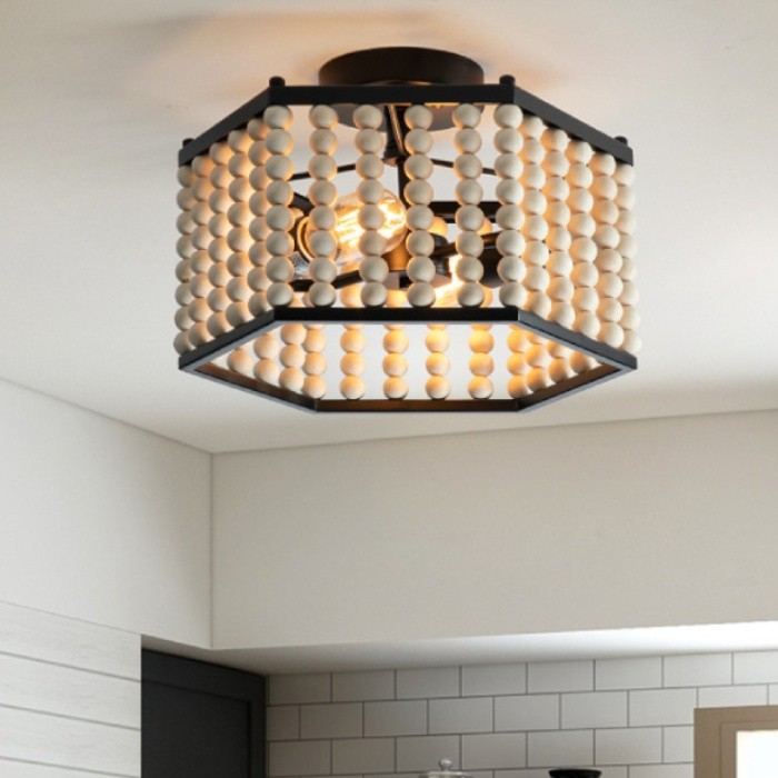 Rustic Hexagonal Wood Bead Ceiling Light K120