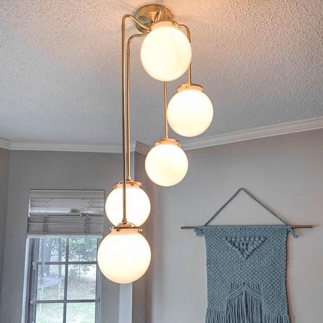Glorica Glass 5 Globe Chandelier - Brass and Opal Glass Vintage Pendant Light K1455
