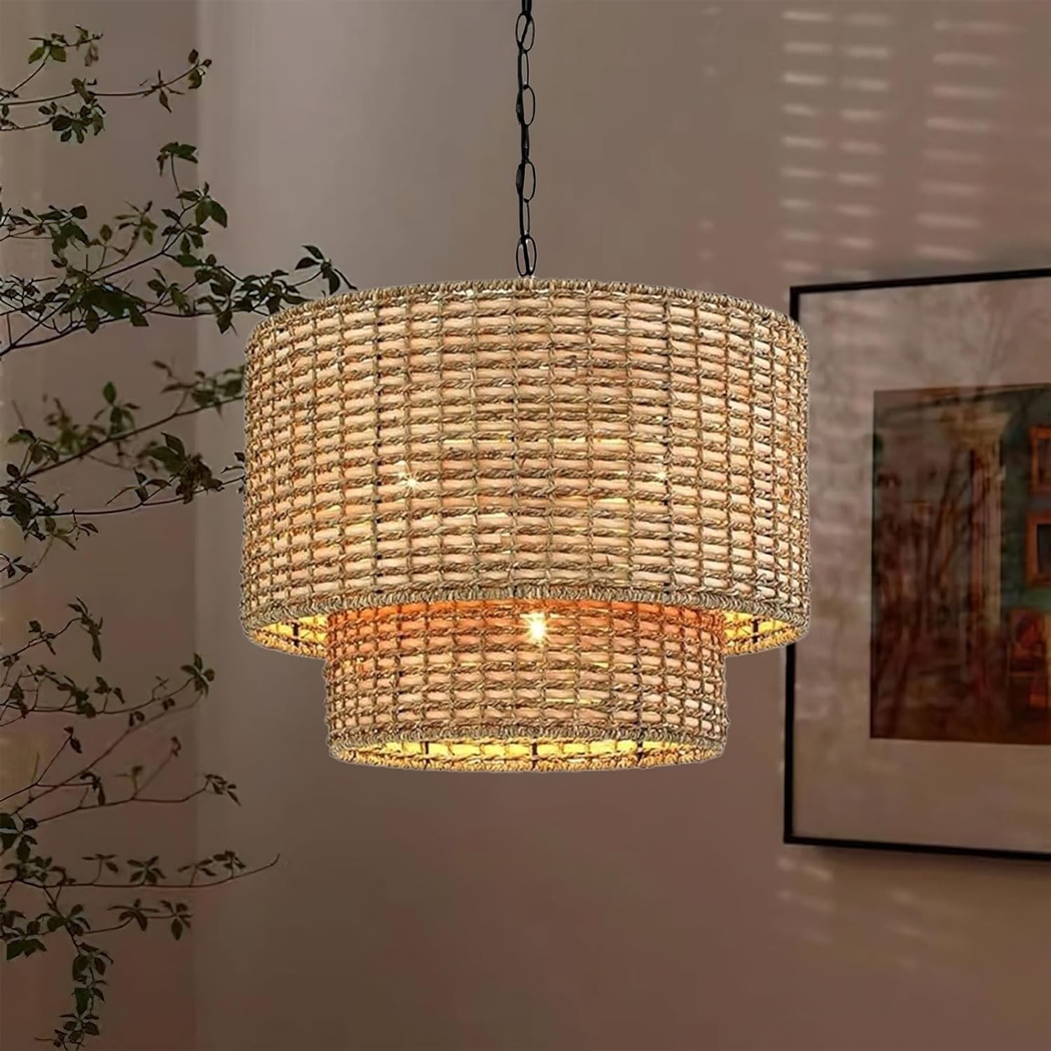 Natural Rattan Double Drum Pendant Light With Black Canopy K815