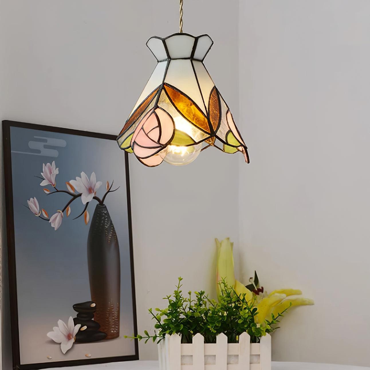 French Retro Rose Stained Glass Pendant Lamp K701