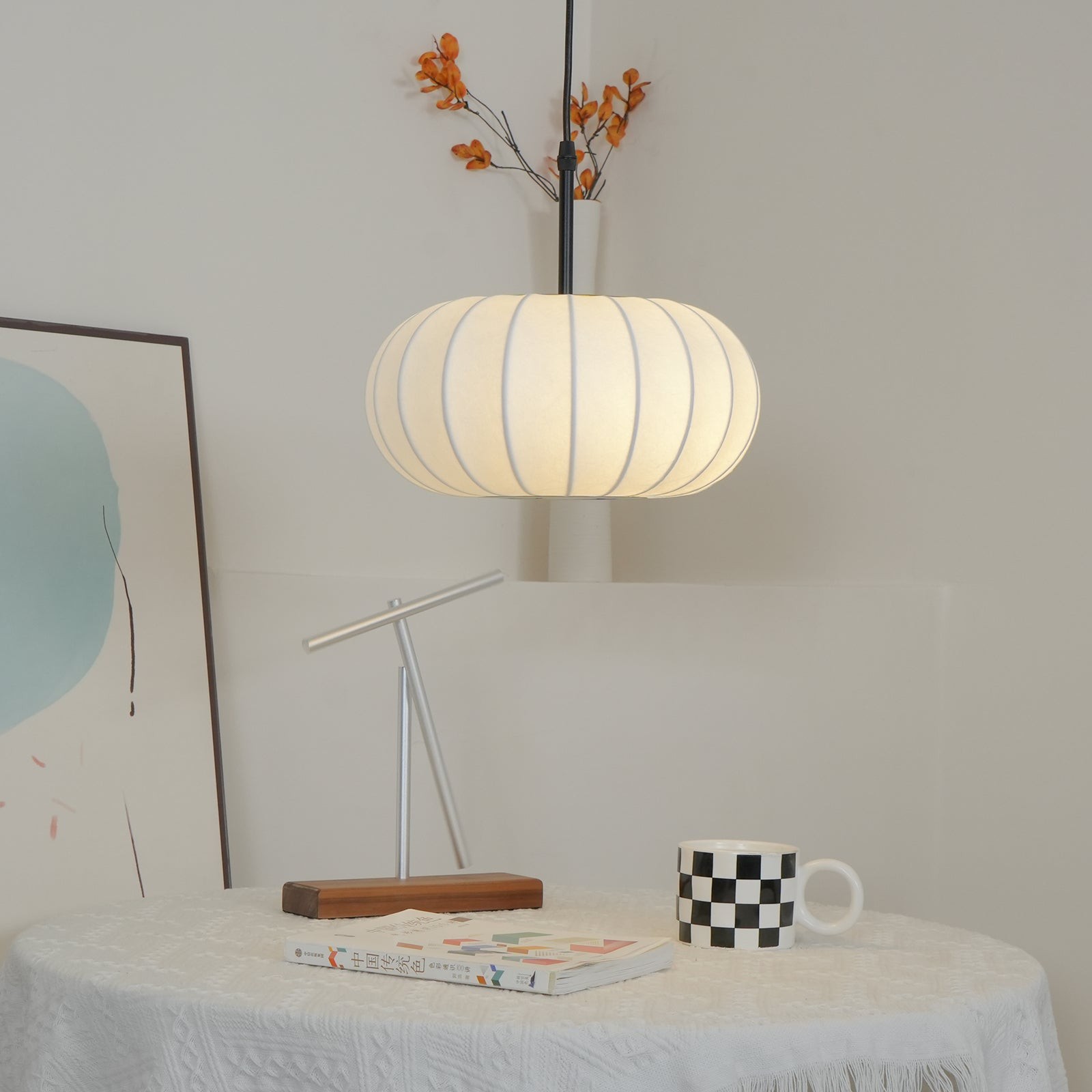 Simple Wabi-sabi White Lantern Fabric Pendant Lamp K744