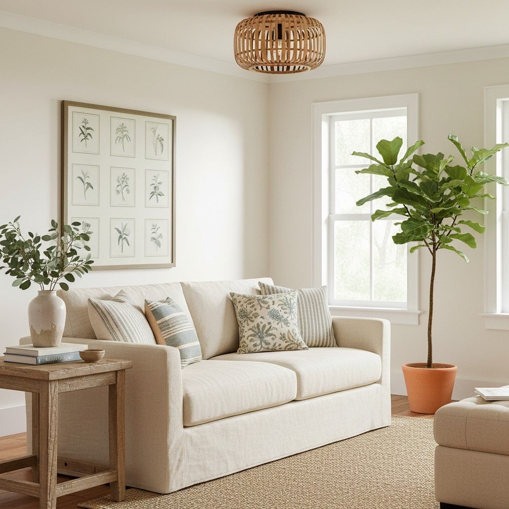 Yumeko Natural Bamboo Flush Ceiling Light - Organic Cage Design Sustainable for Living Room K1946