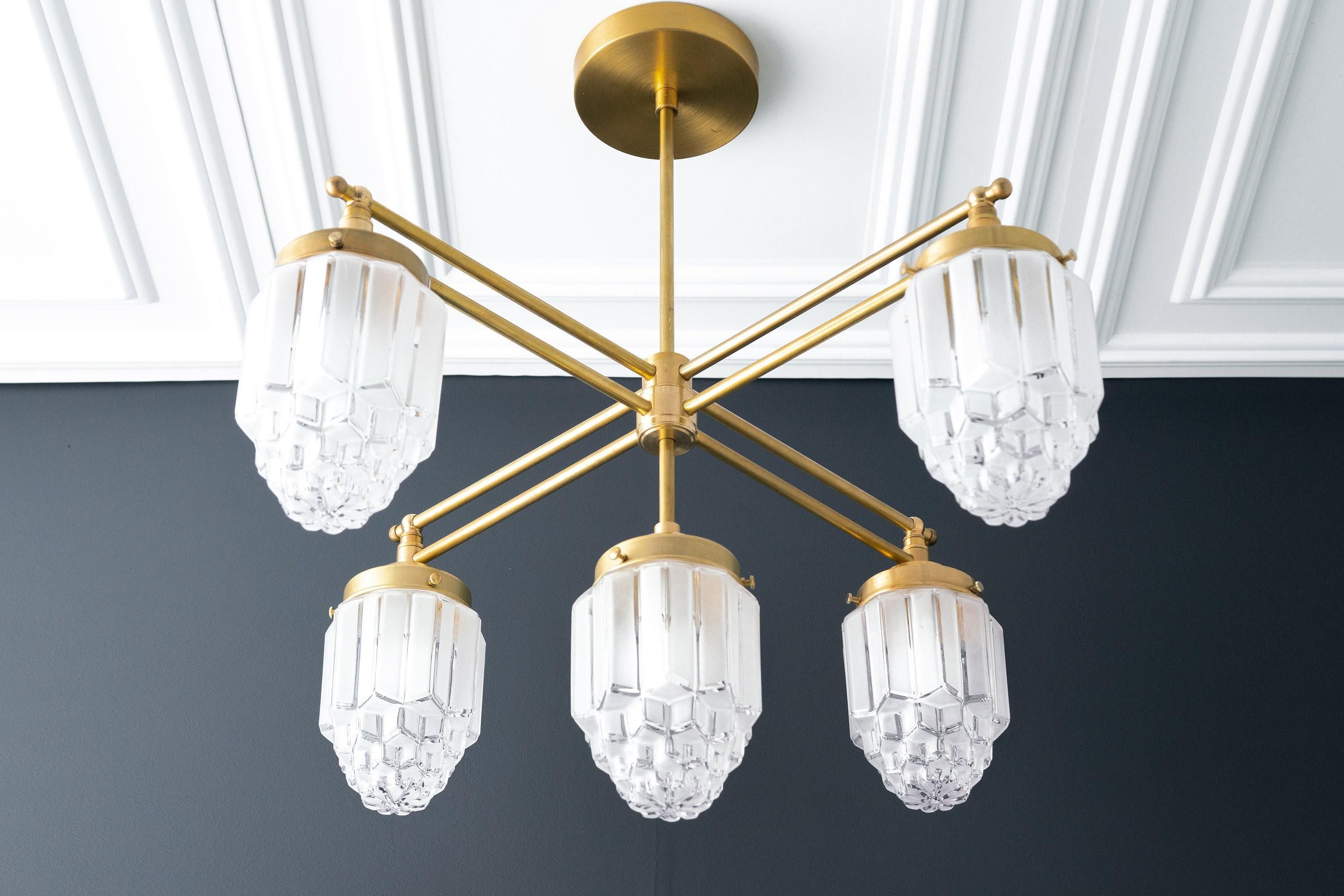 Tierlux Glass Chandelier – Vintage Brass Globe Lighting Fixture K1492