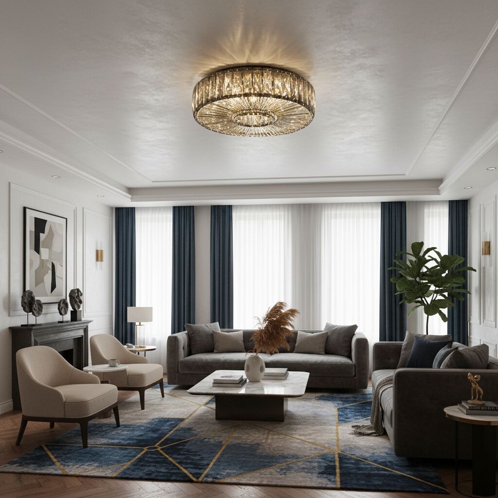 Glomar Glass Round Flush Ceiling Light - Modern Metal Glass Finish Living Areas K2119
