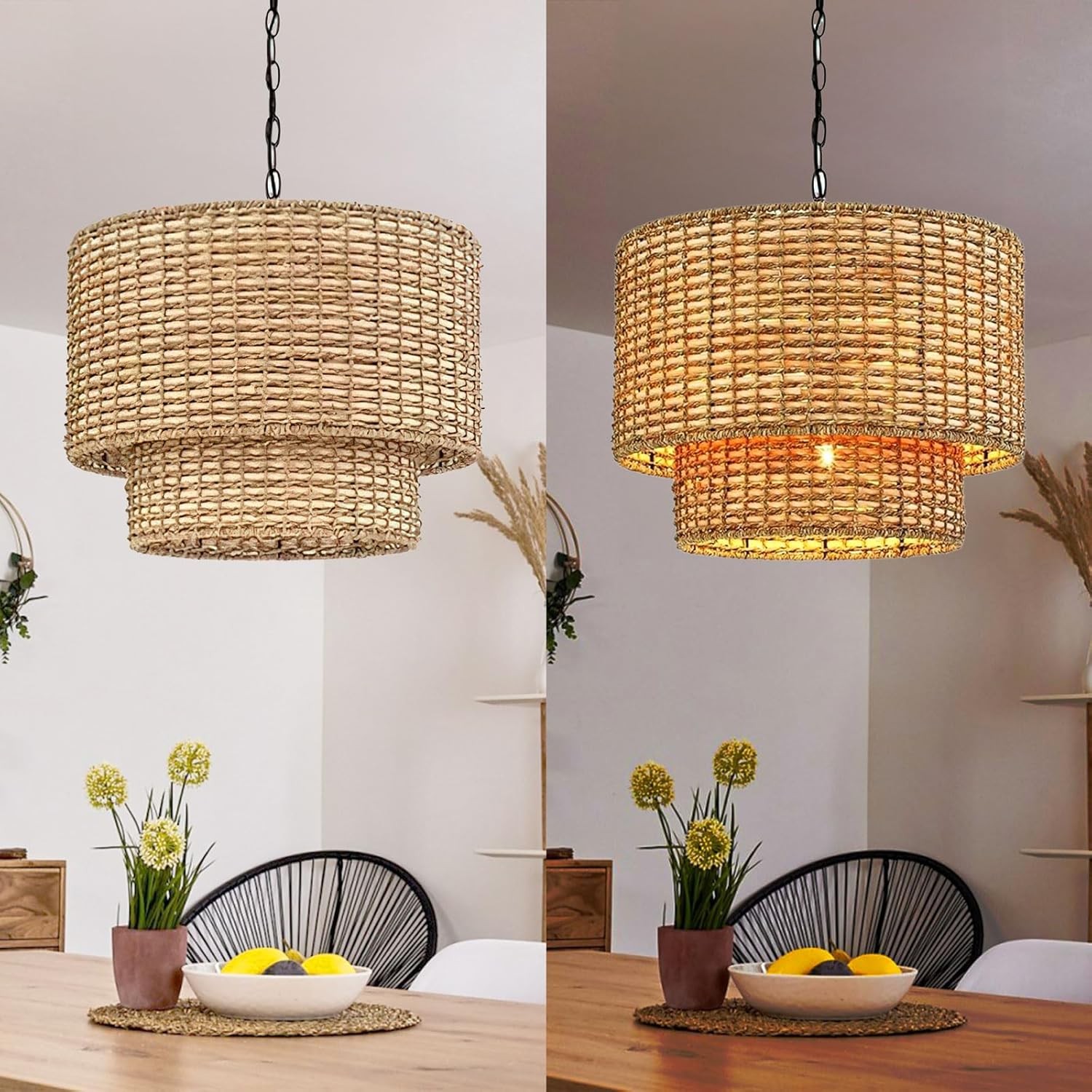 Natural Rattan Double Drum Pendant Light With Black Canopy K815