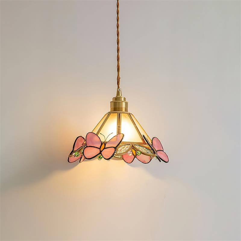 French Retro Glass Pink Butterfly Pendant Lamp K595
