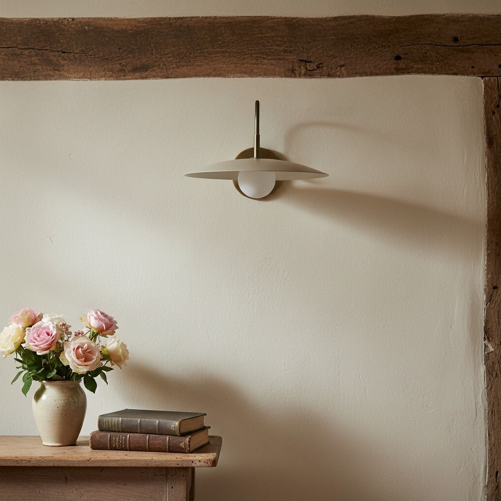 Curva Metal Modern Wall Sconce - Antique Brass Arm with Cream Disc Shade K1540
