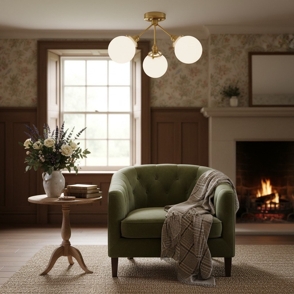 Glorica Glass Chandelier - Brass Globe Ceiling Light with Opal Shade K1468