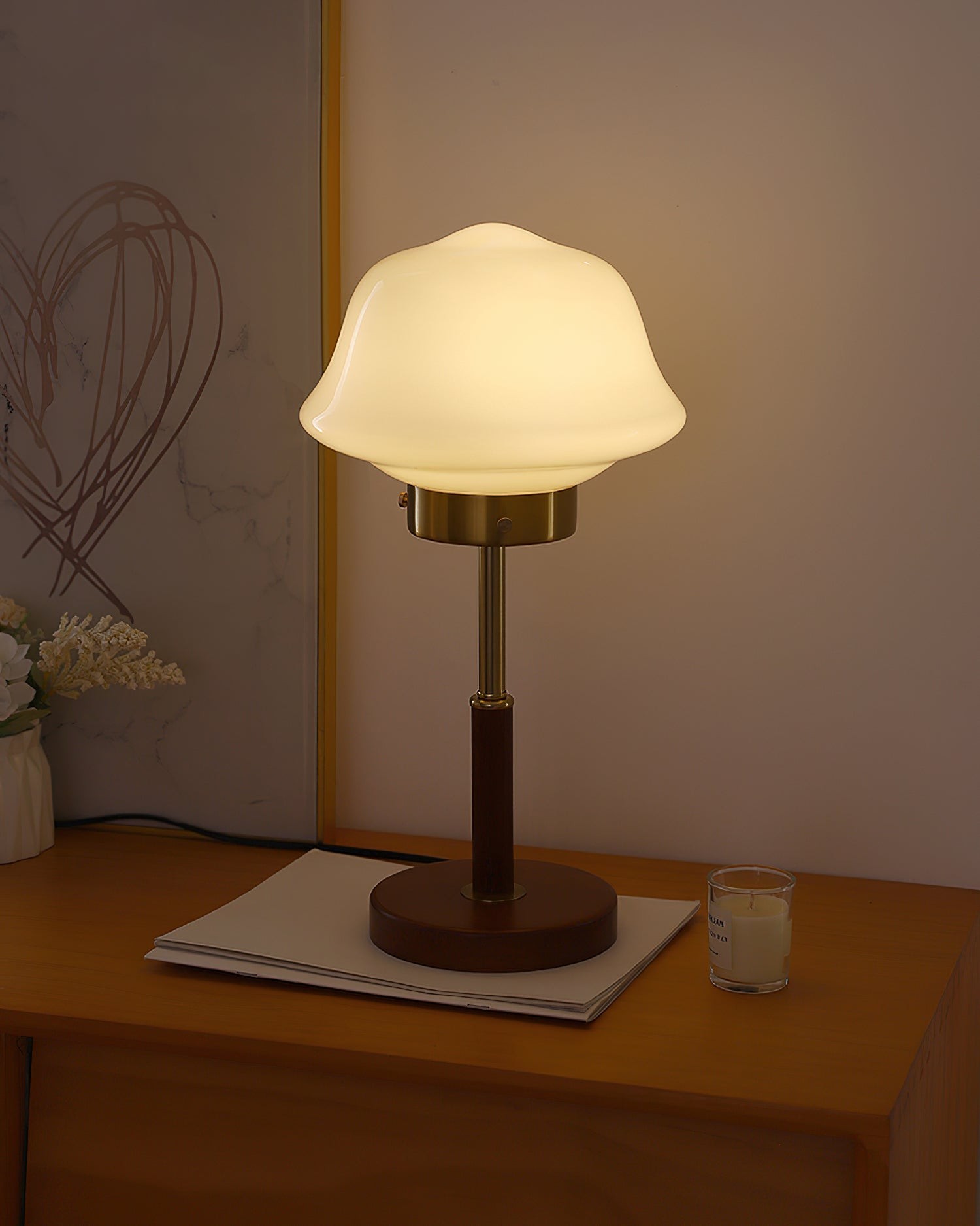 Mid Century Vintage Walnut Glass Table Lamp K323