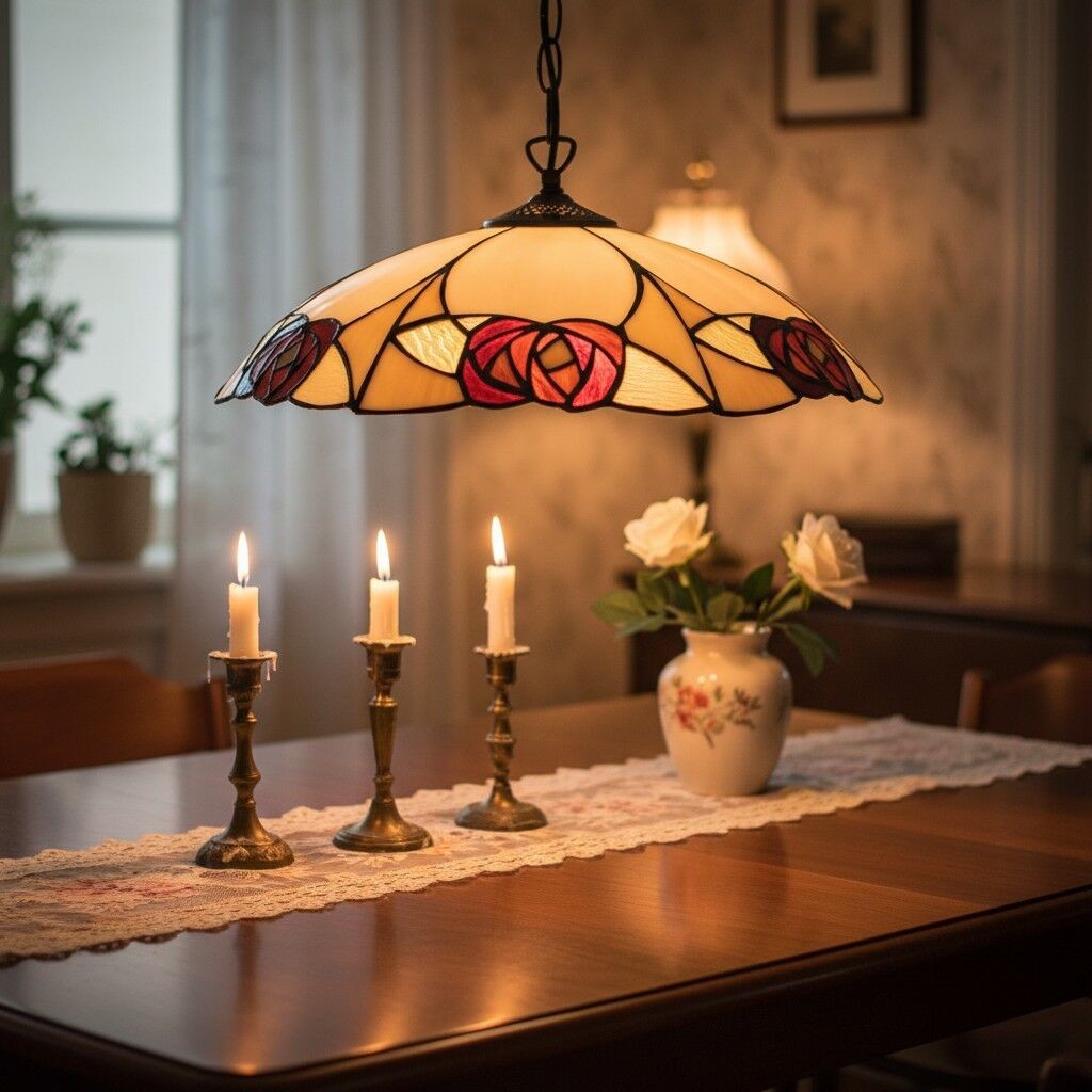 TF Ingram Tiffany Pendant Light - Vintage Handcrafted Stained Glass Floral Shade for Dining Room K2002