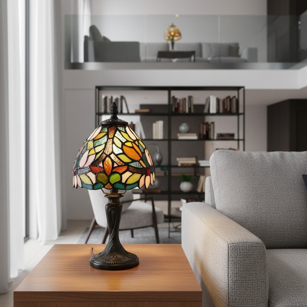 Calyra Vintage Floral Stained Glass Table Lamp - Art Deco Tiffany Style Accent Light for Bedside and Living Room K1859