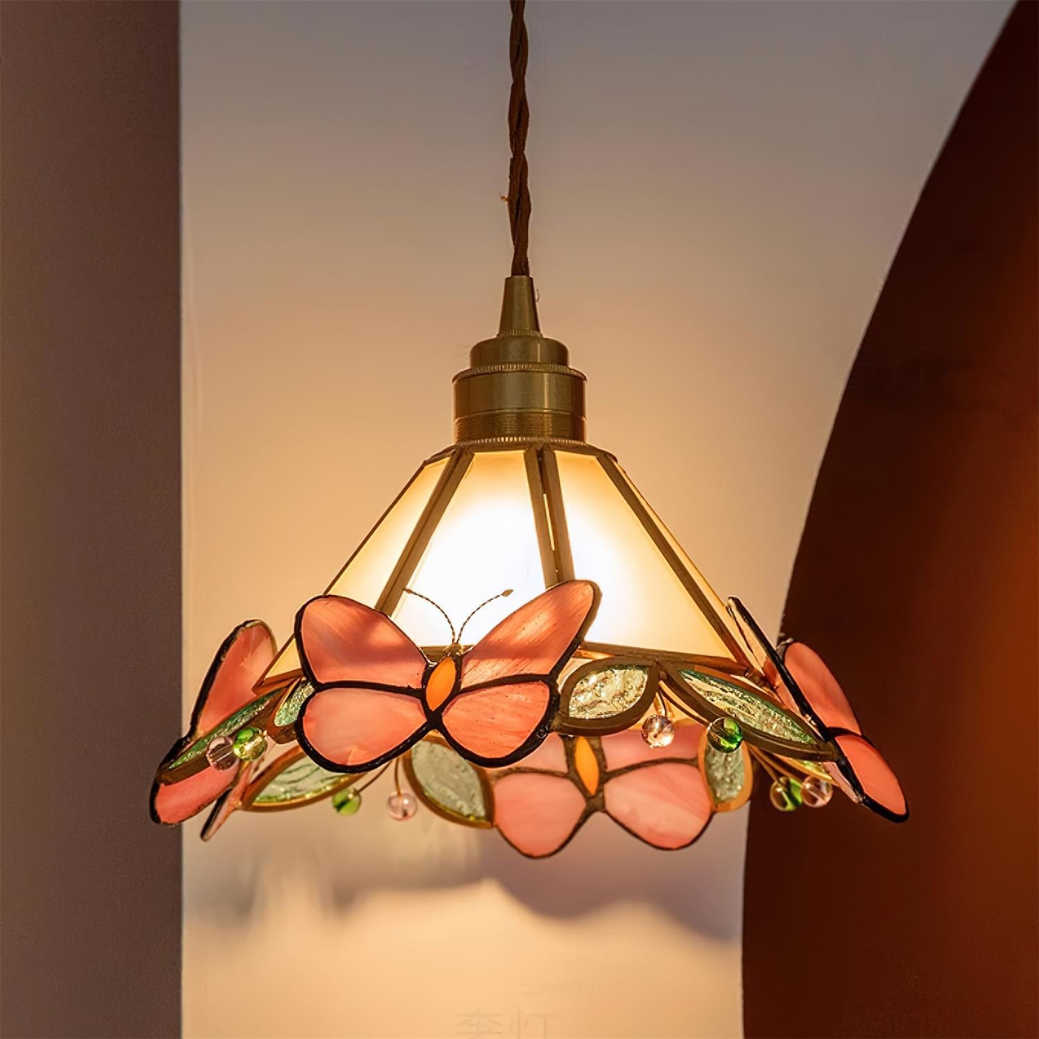 French Retro Glass Pink Butterfly Pendant Lamp K595