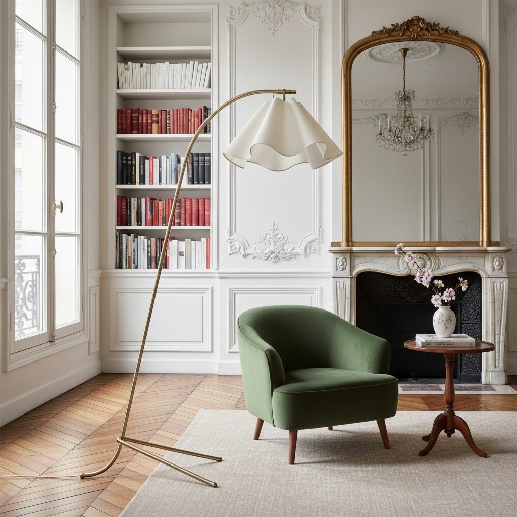Oslan Sculptural Linen Shade Floor Lamp - Curved Metal Frame Floor Light for Living Room K1147