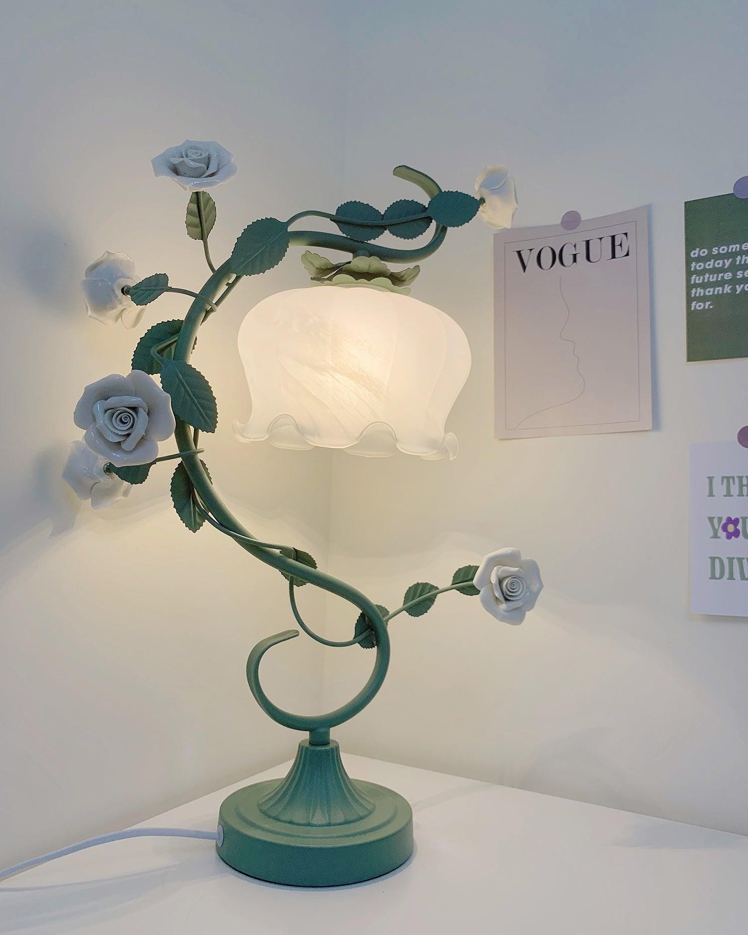 Green Pink White Rose Flower Table Lamp K640
