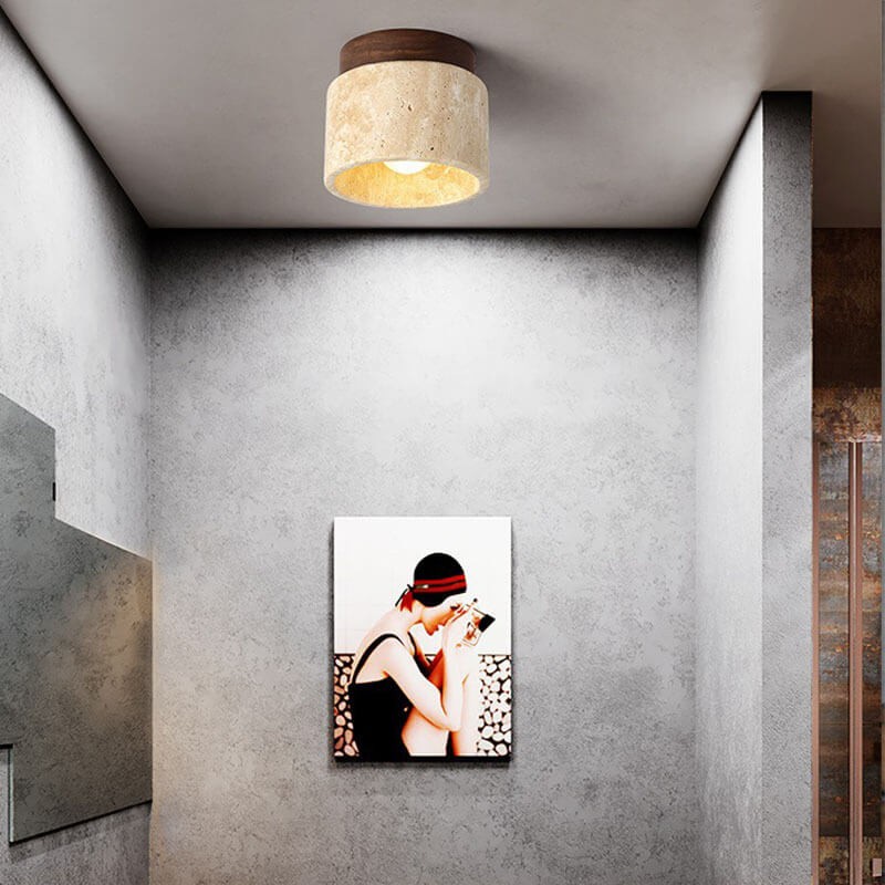 Japanese Minimalist Round Yellow Travertine Shade 1-Light Semi-Flush Mount Ceiling Light K844