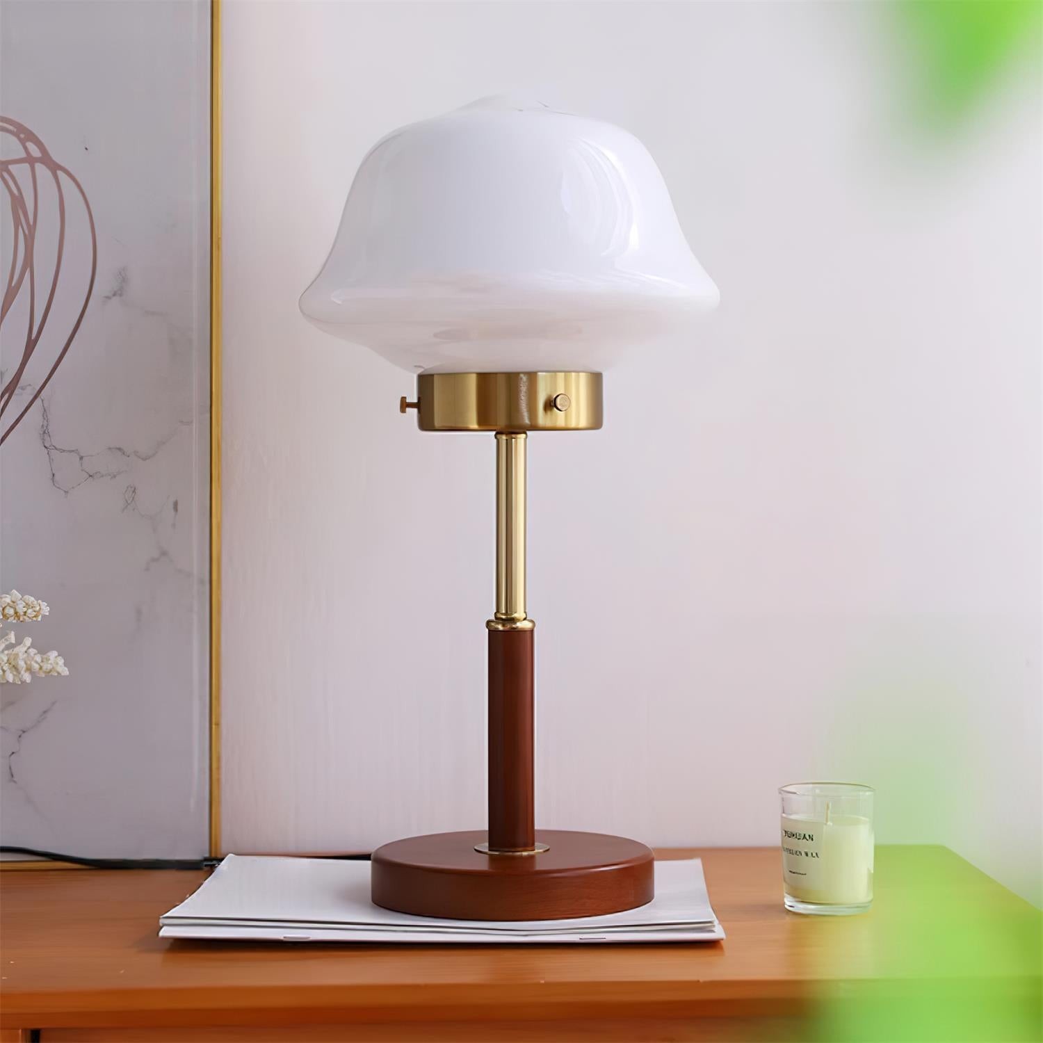 Mid Century Vintage Walnut Glass Table Lamp K323