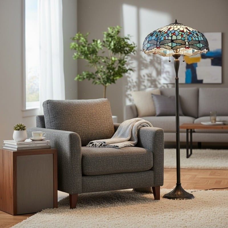 TiffStar Art Glass Floor Lamp with Ornamental Pattern Shade - Standing Light for Living Rooms K1911
