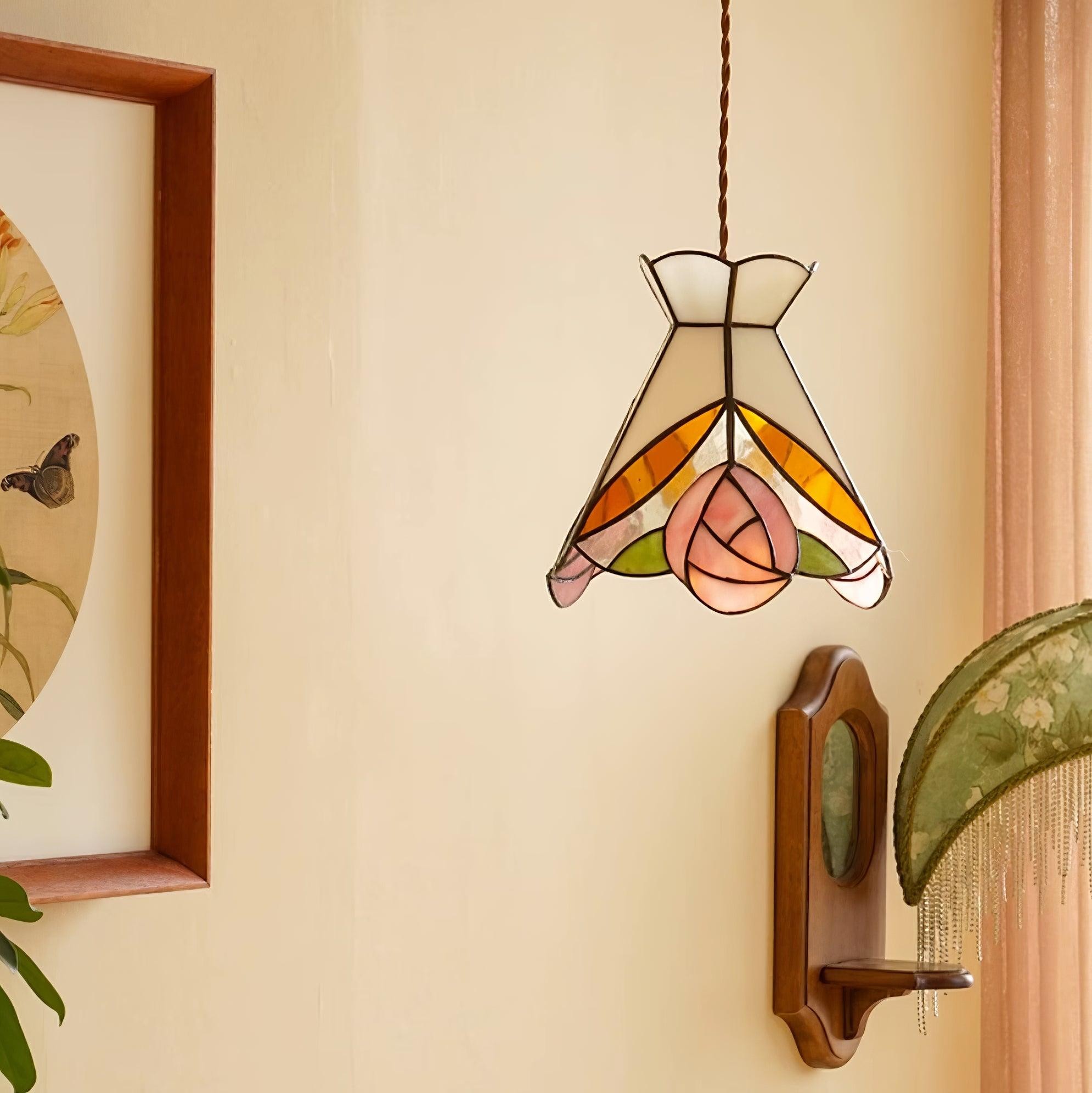 French Retro Rose Stained Glass Pendant Lamp K701