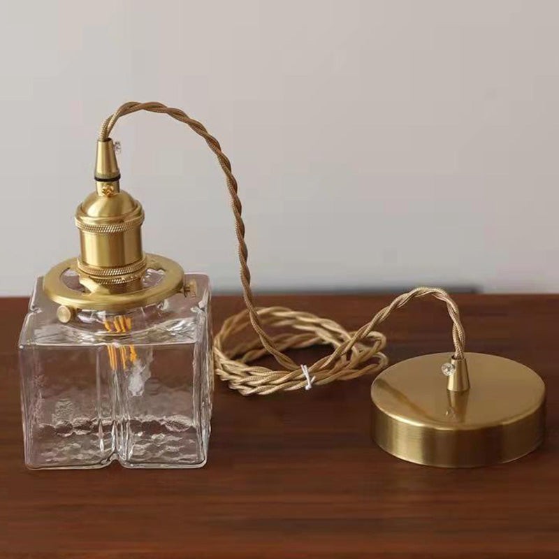Traditional Vintage Square Rectangle Ripple Glass Iron 1-Light Pendant Light For Living Room K1282