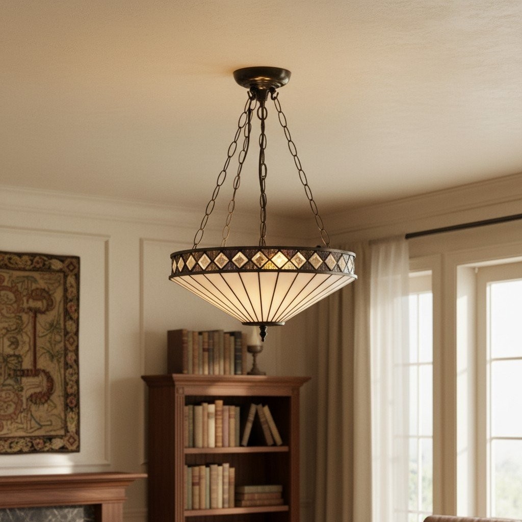 TF Fargo Adjustable Pendant Light with Stained Glass Inspired Inverted Shade for Island and Dining K1950
