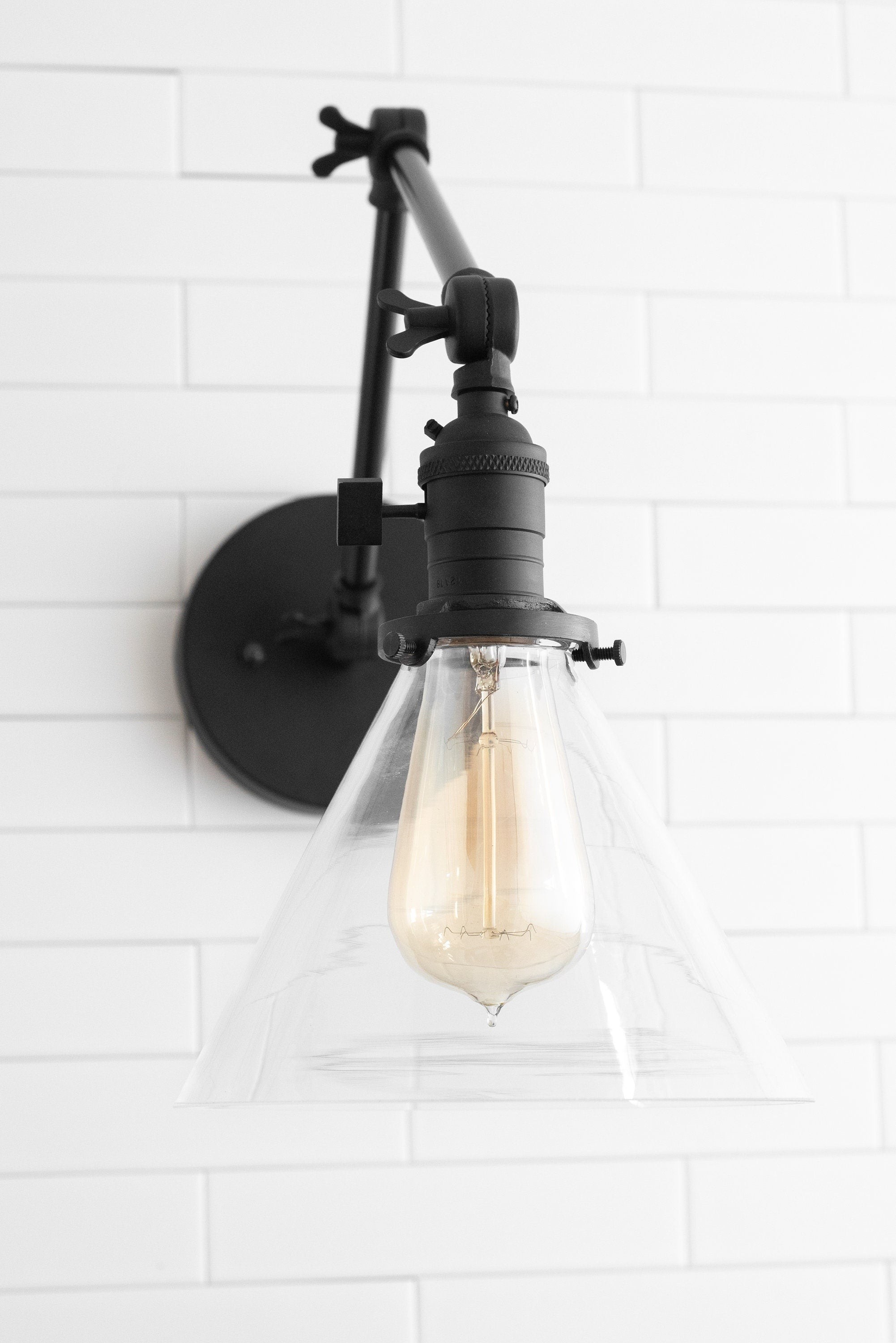 Conique Metal Industrial Wall Sconce with Adjustable Arm - Vintage Glass Cone Shade K1469