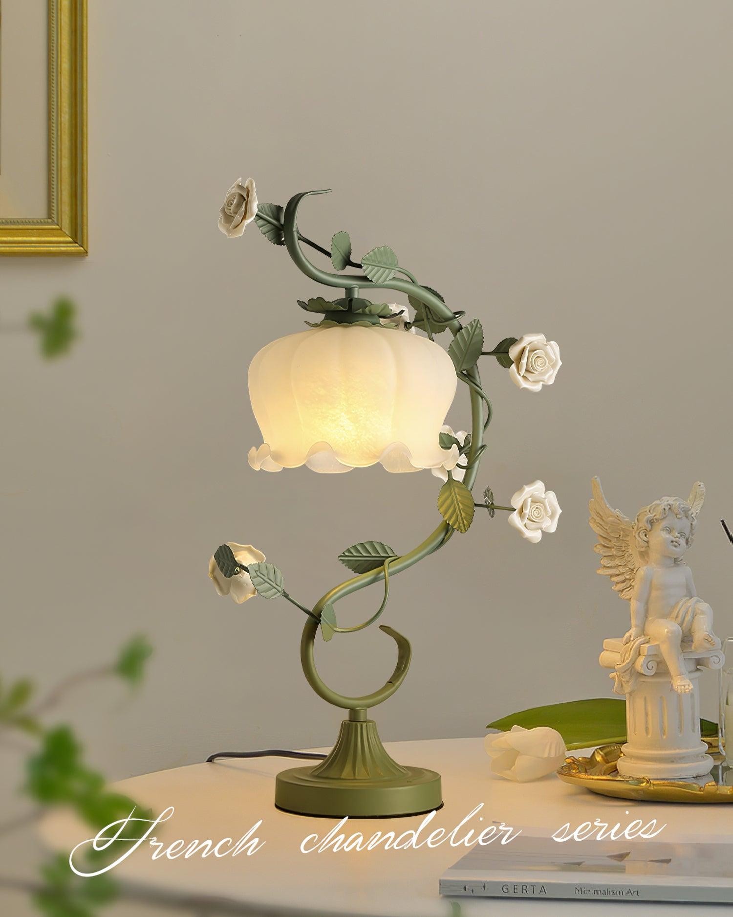 Green Pink White Rose Flower Table Lamp K640