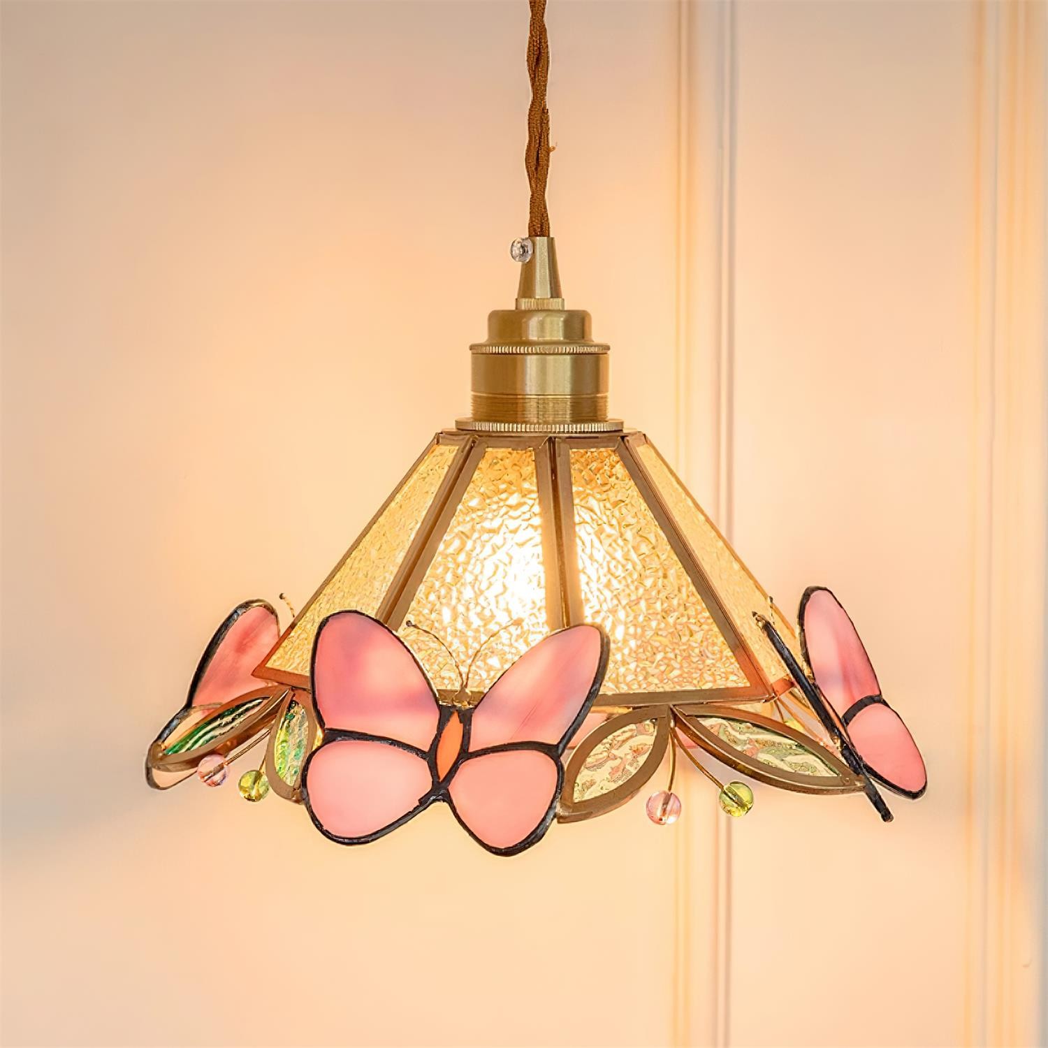 French Retro Glass Pink Butterfly Pendant Lamp K595