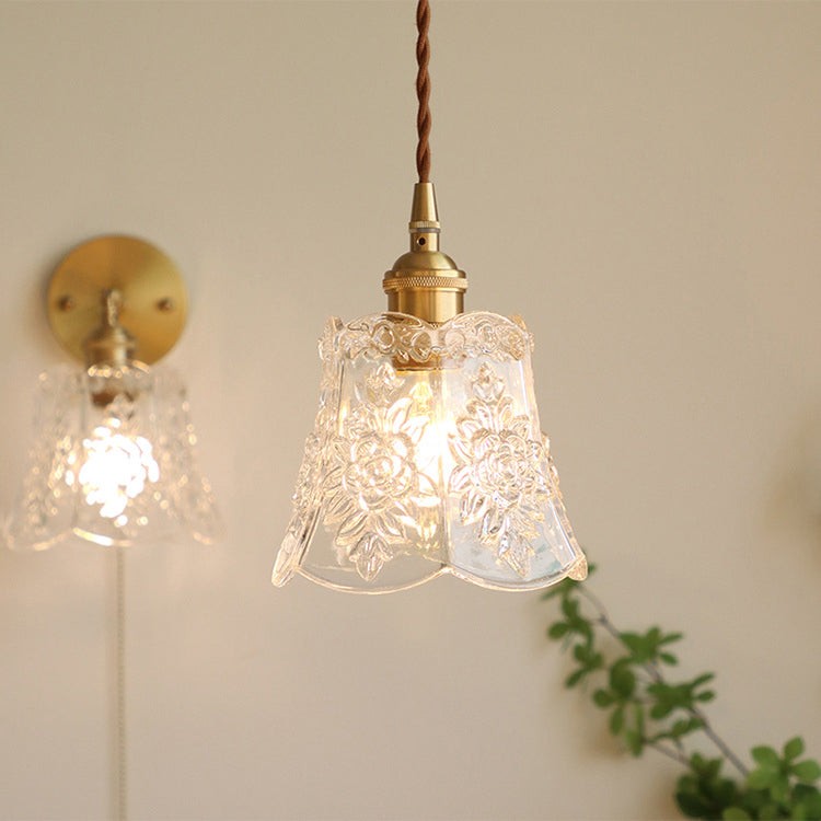 Traditional Japanese Brass Walnut Glass Ceramic Cylinder Conic Flower Bowl 1-Light Pendant Light For Dining Room K1280
