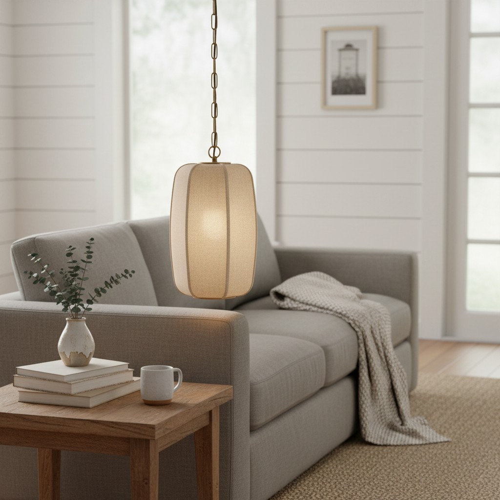 Loomis Tall Pendant - Textured Linen Shade Aged Brass Ceiling Light for Dining Room and Kitchen K2058