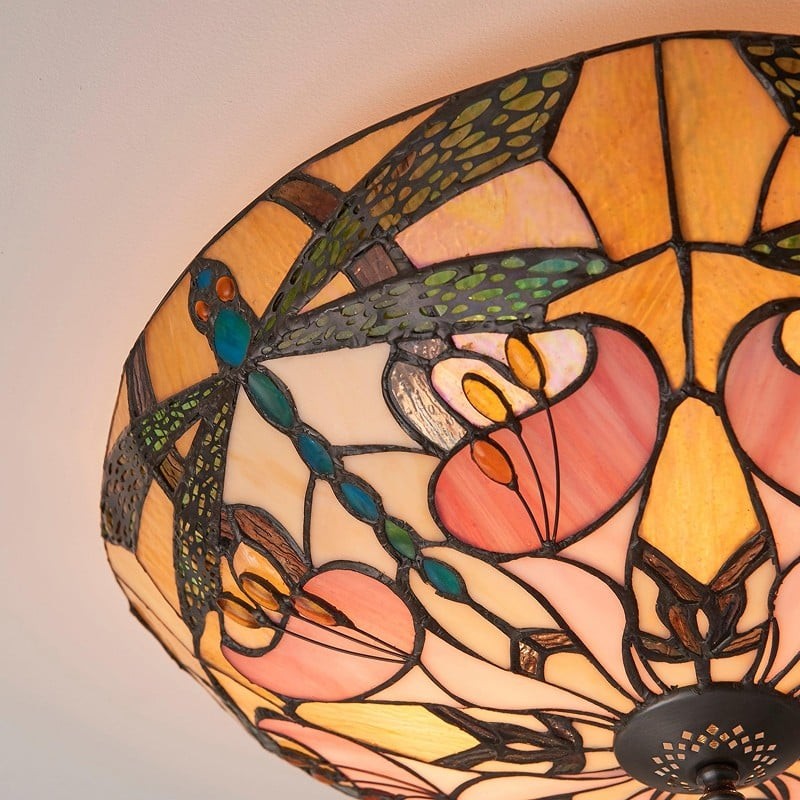 TF Ashton Tiffany Dragonfly Motif Tiffany Glass Flush Surface Mount - Transitional Style for Bedrooms and Lounge Spaces K2029
