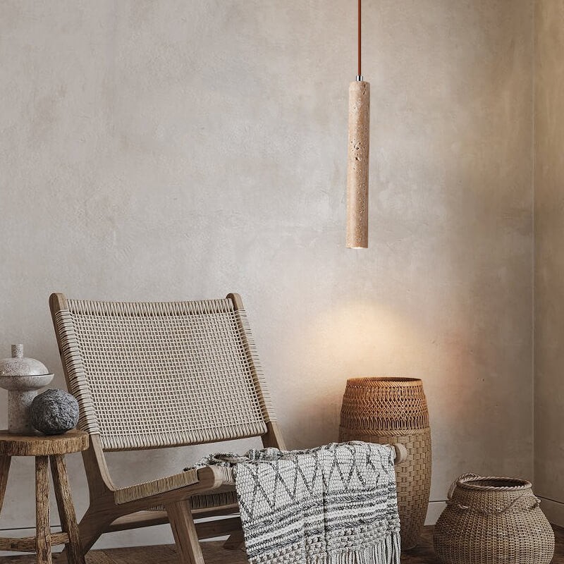 Japanese Wabi Sabi Yellow Travertine Cylinder 1-Light Pendant Light K846