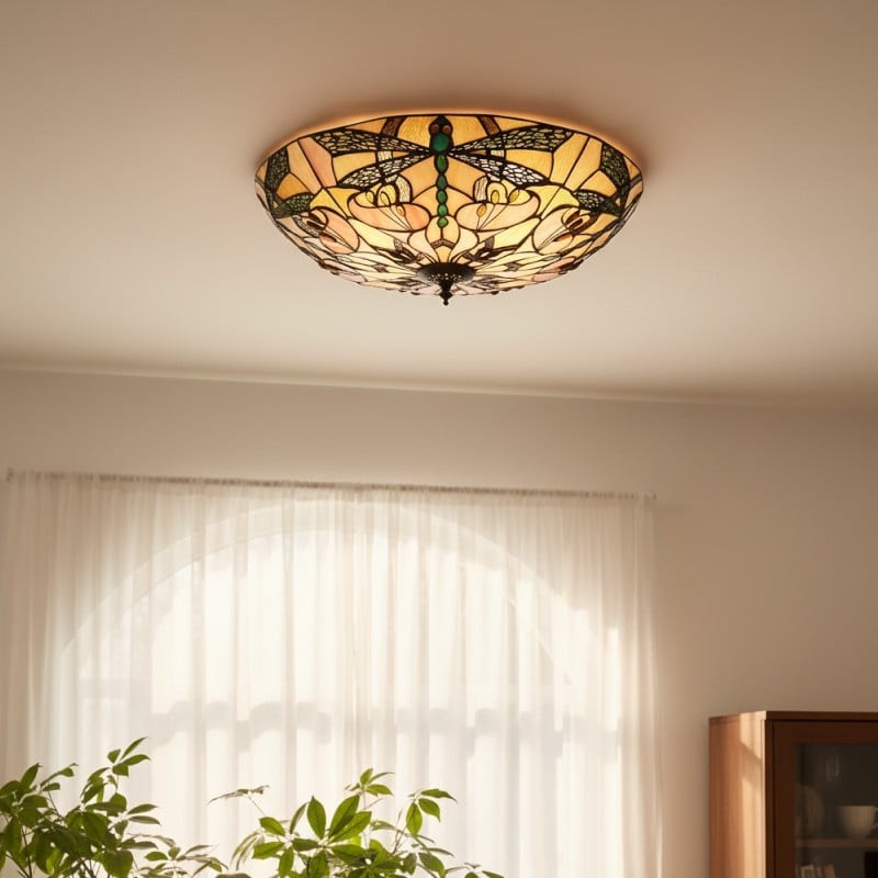TF Ashton Tiffany Dragonfly Motif Tiffany Glass Flush Surface Mount - Transitional Style for Bedrooms and Lounge Spaces K2029