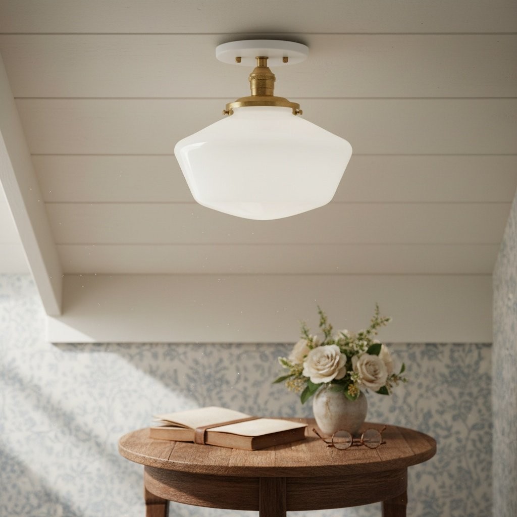 Geotower Glass Brass Ceiling Light - Opal Glass Schoolhouse Shade - Modern Elegance K1529
