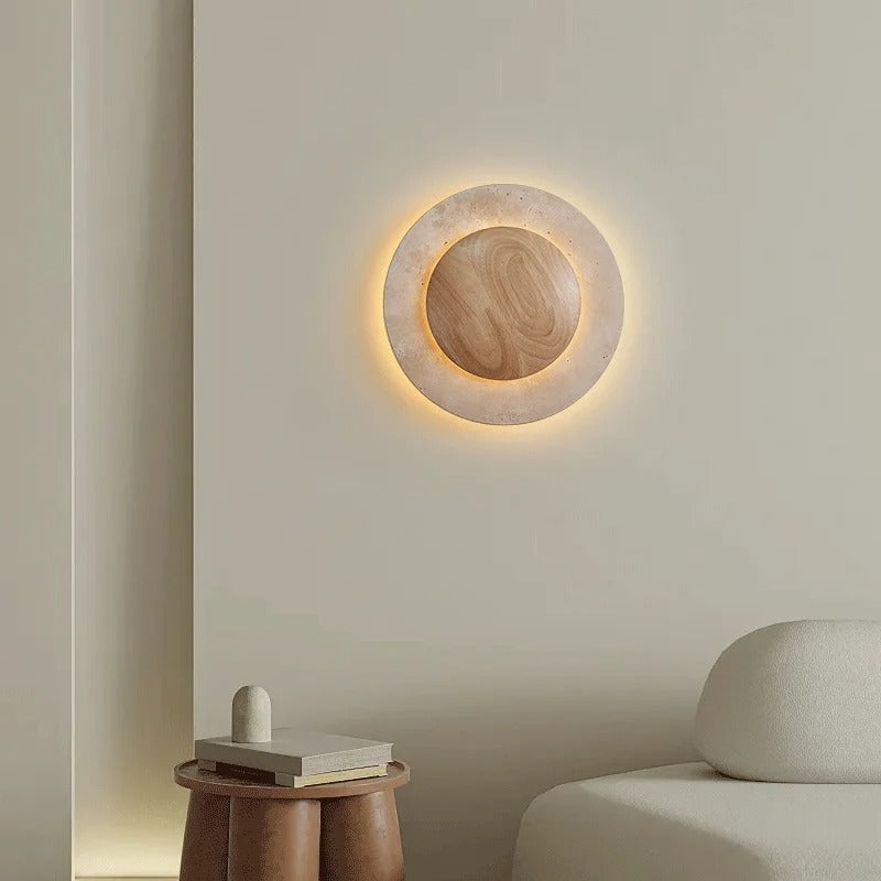 Round Travertine Wood Wall Light D880