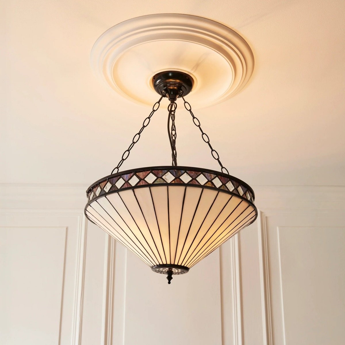 TF Fargo Adjustable Pendant Light with Stained Glass Inspired Inverted Shade for Island and Dining K1950