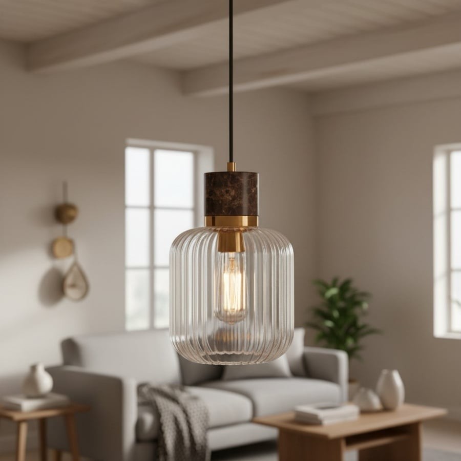Korlisse Natural Stone and Glass Pendant Light - Stylish Lamp for Lounge or Living Room K1897