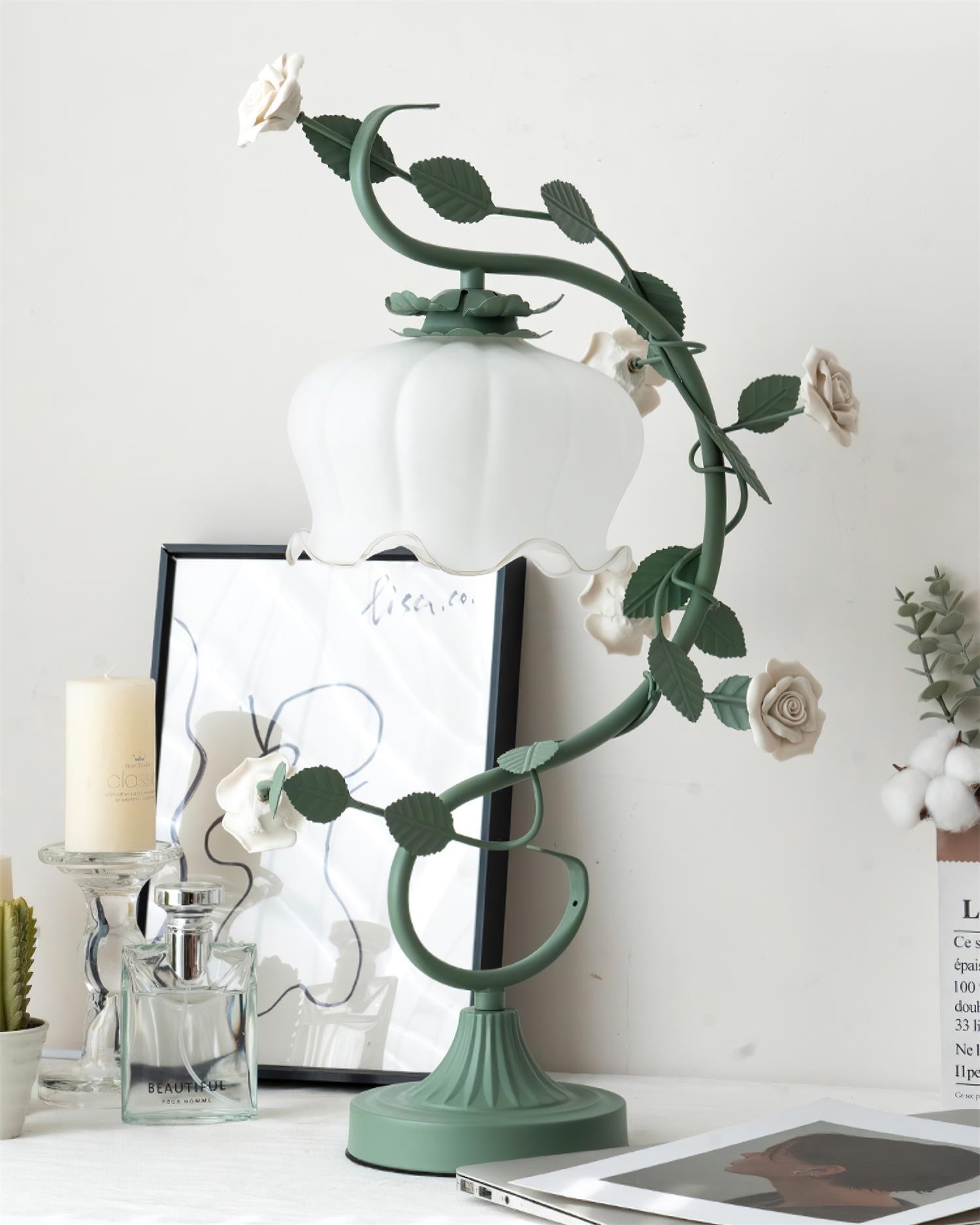Green Pink White Rose Flower Table Lamp K640