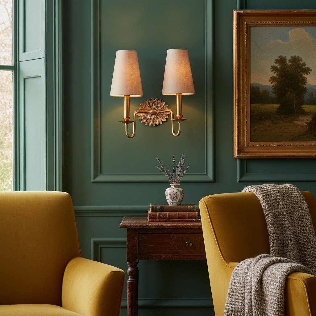 Duova Double Sconce - Antique Brass Metal and Linen Shades for Bedroom or Study K1663