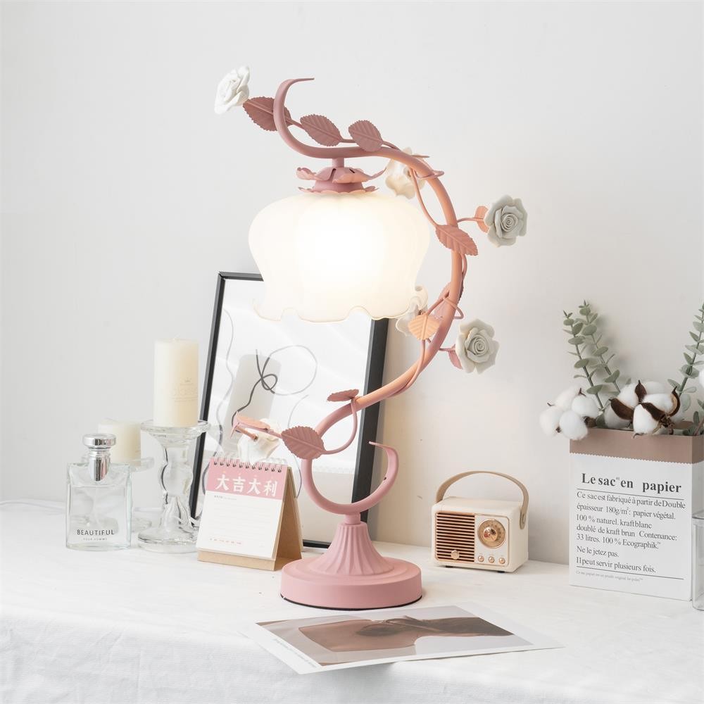 Green Pink White Rose Flower Table Lamp K640