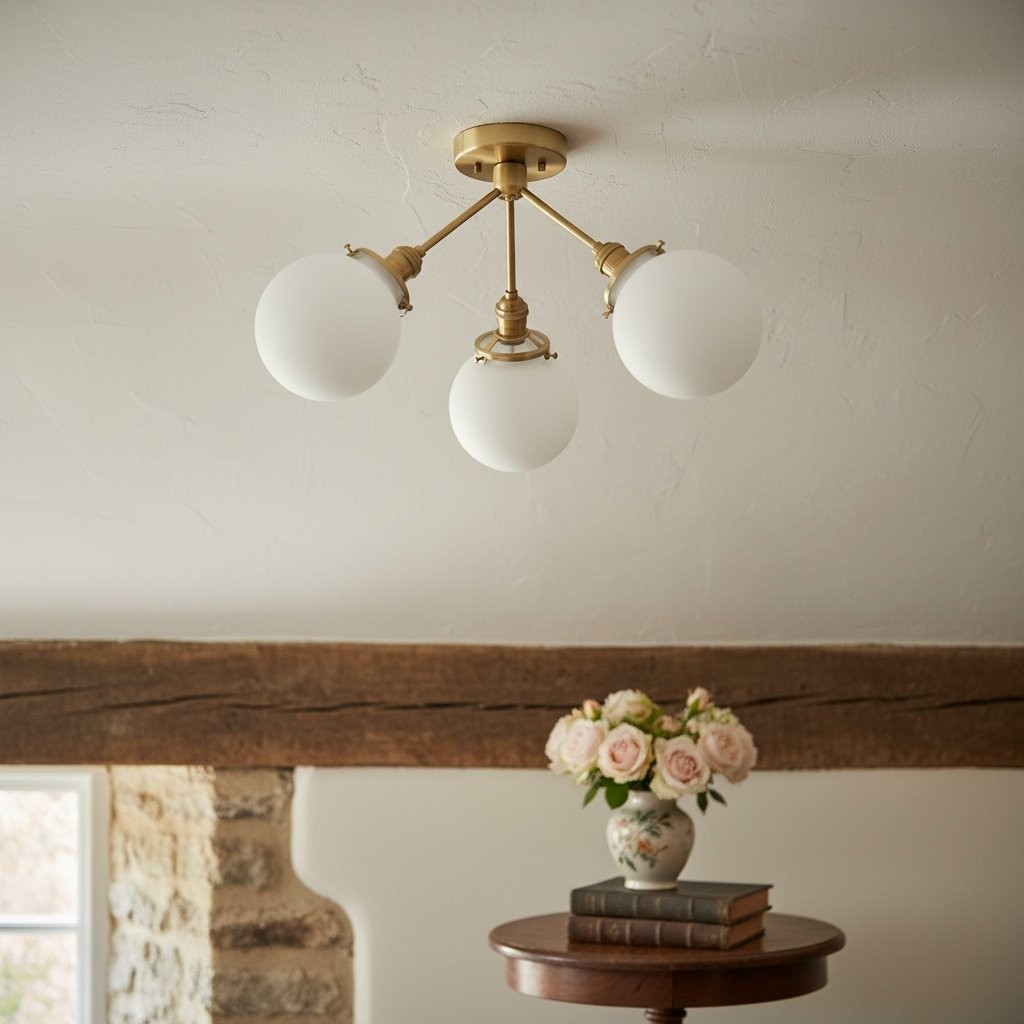 Glorica Glass Chandelier - Brass Globe Ceiling Light with Opal Shade K1468