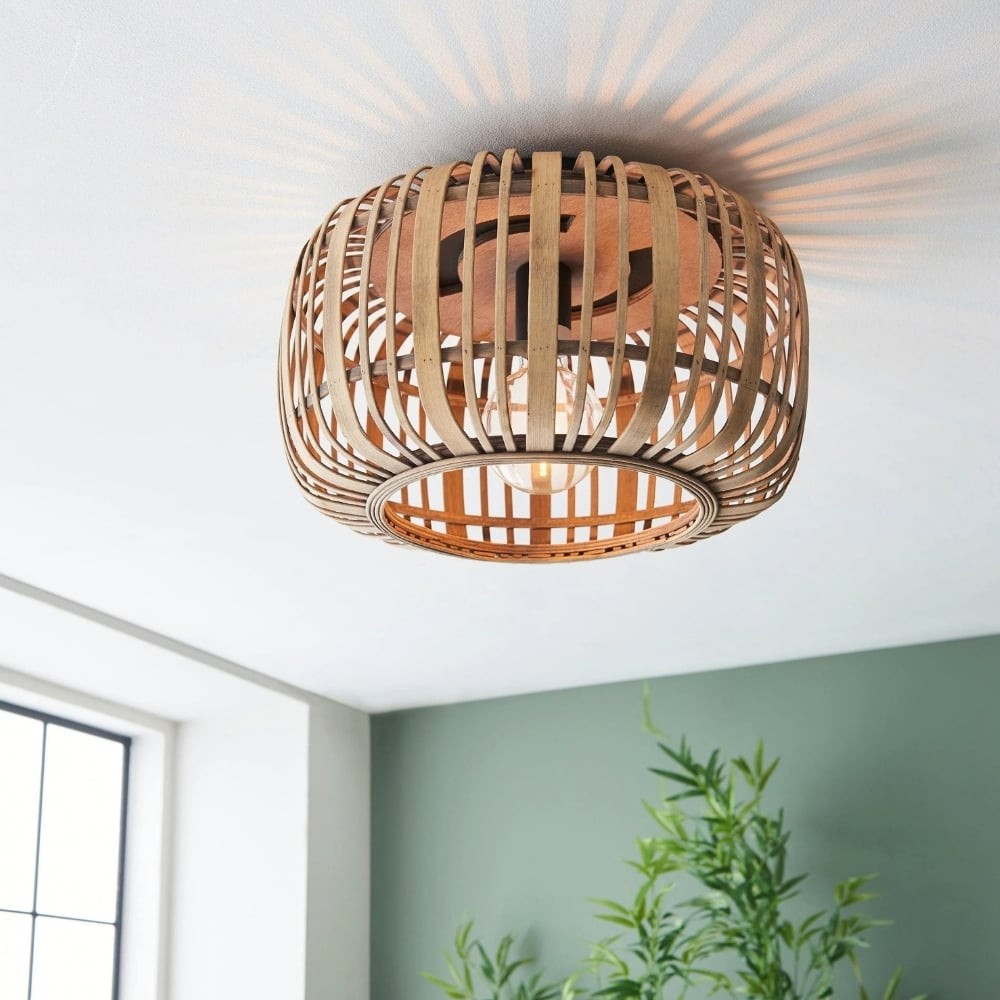Yumeko Natural Bamboo Flush Ceiling Light - Organic Cage Design Sustainable for Living Room K1946