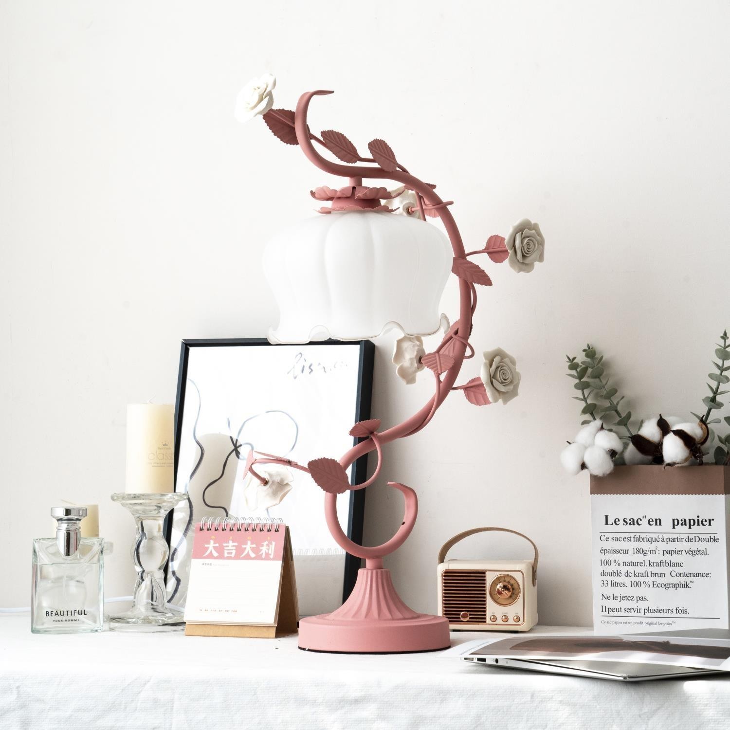 Green Pink White Rose Flower Table Lamp K640