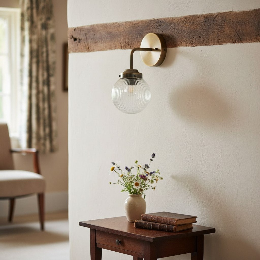 Glorica Glass Aged Brass Wall Sconce - Ribbed Glass Shade Industrial Style Lighting K1539