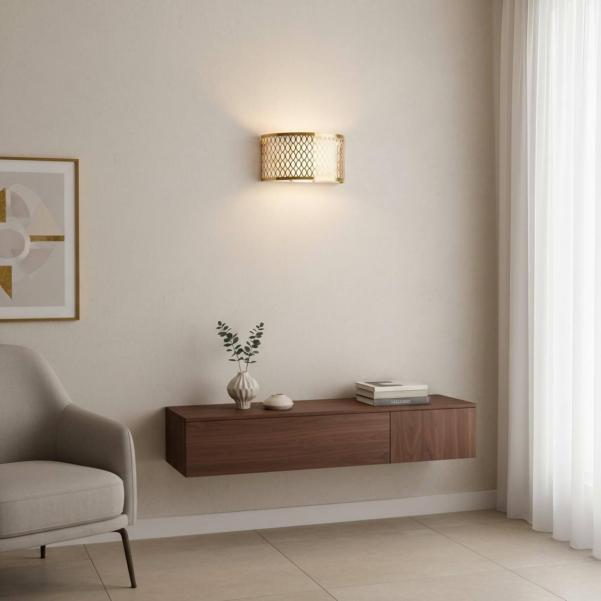 Liorin Fretwork Wall Light - Modern Curved Metal and Fabric Shade Sconce K1965