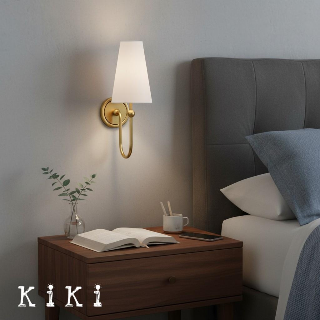 Serena Contemporary Fabric Shade Wall Sconce -  Curved Arm Wall Lamp for Bedroom K1721