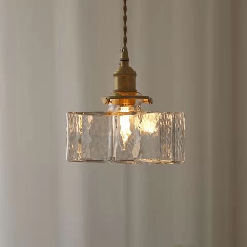 Traditional Vintage Square Rectangle Ripple Glass Iron 1-Light Pendant Light For Living Room K1282